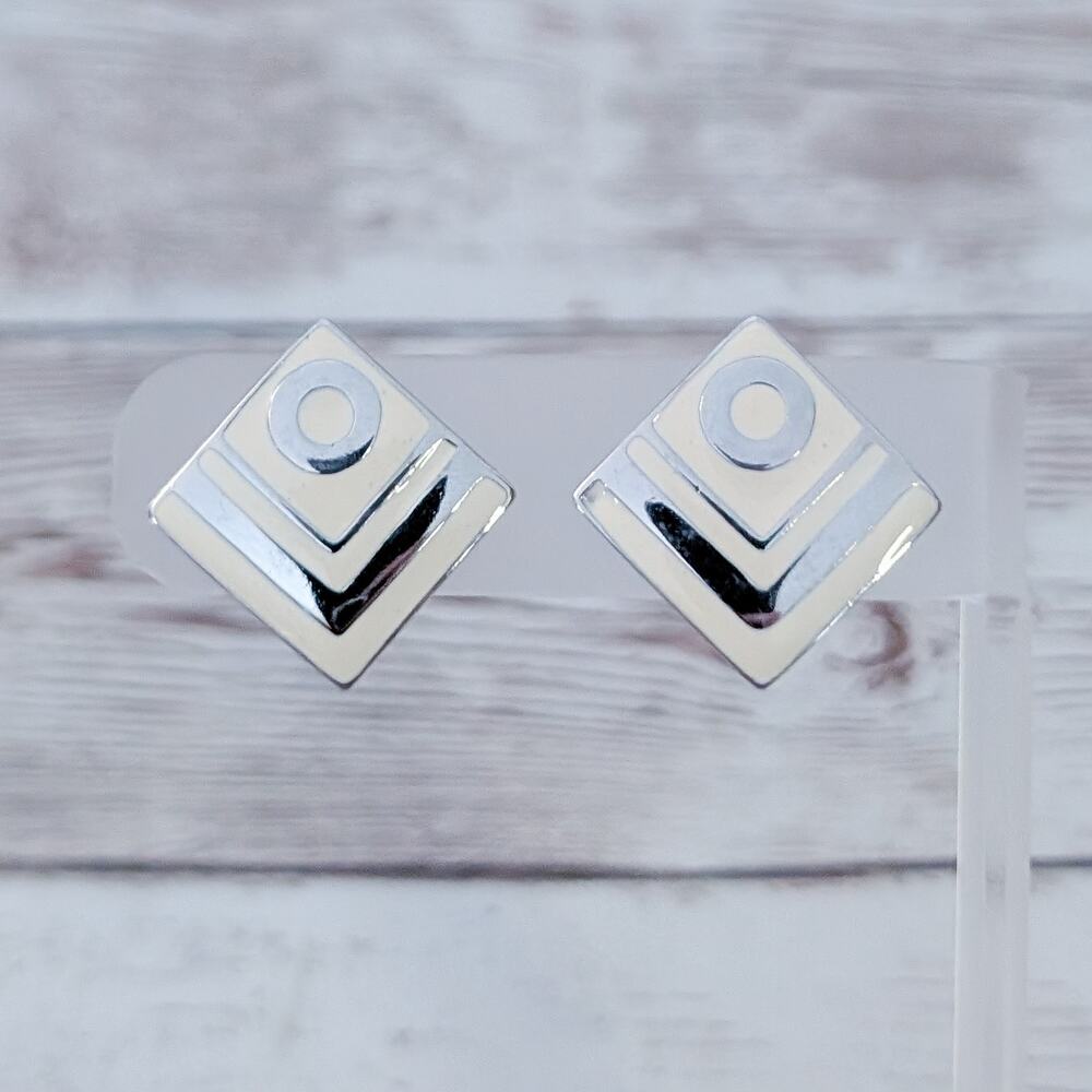 Vintage Clip On Earrings Geometric Cream & Silver Tone
